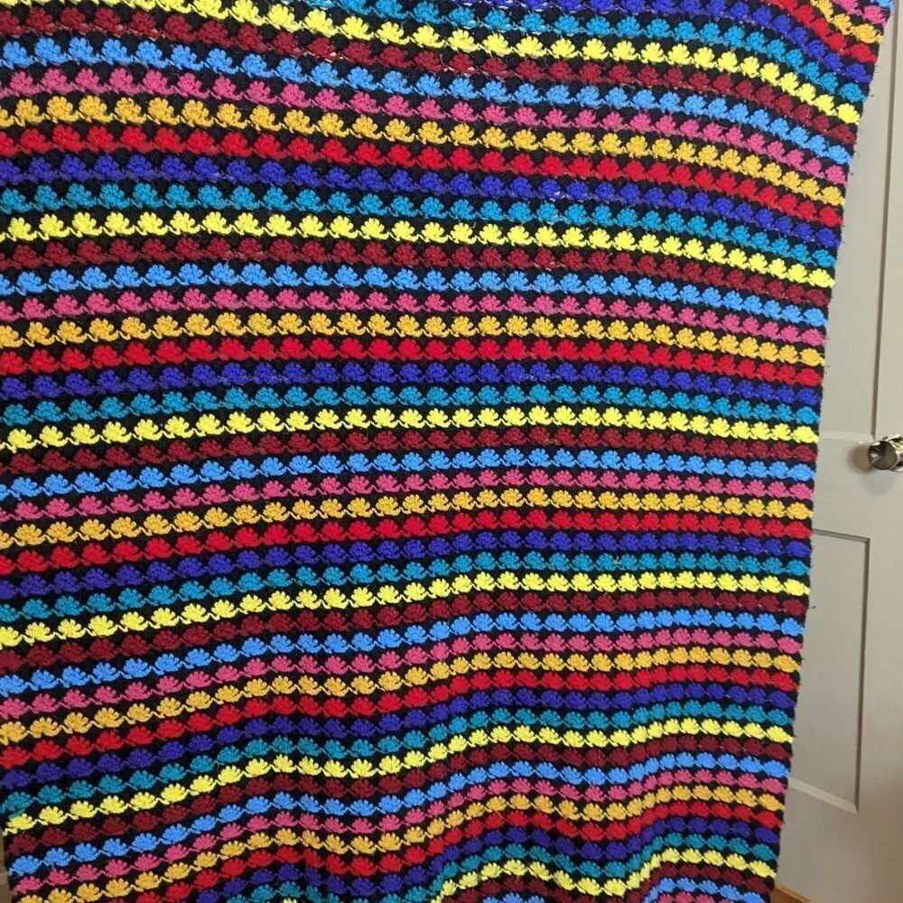 Vintage Rainbow Granny Square‎ Crochet Blanket Afghan Midcentury Handmade Boho